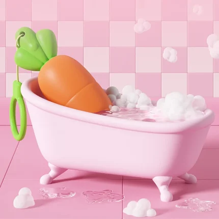 A whimsical depiction of the carrot vibrator in a miniature bathtub, showcasing its fully waterproof construction and suitability for bath or shower relaxation.