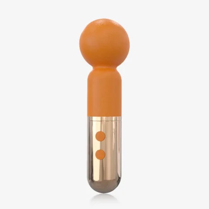 HH Candy Massager sleek orange clitoral stimulator with metallic gold base and dual control buttons.