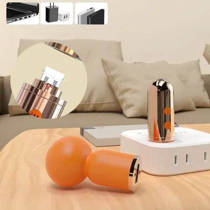 Portable intimacy device being charged via a power bank and wall outlet, highlighting its travel-friendly design.