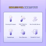 Product feature chart for the HH Candy Massager detailing its skin-friendly silicone, high-frequency vibration, flexible head, and easy one-button operation.