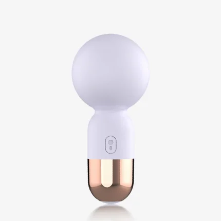 Studio product photography of the HH Candy Massager Mini in white and rose gold, showcasing the sleek, candy-inspired silhouette of this waterproof massage wand.