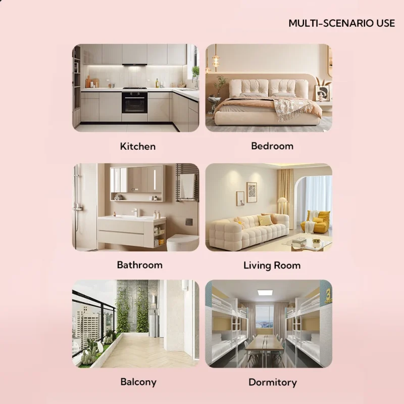 Multi-scenario use infographic for the HH Candy Massager showing its versatility for the bedroom, bathroom, or travel dormitory settings.