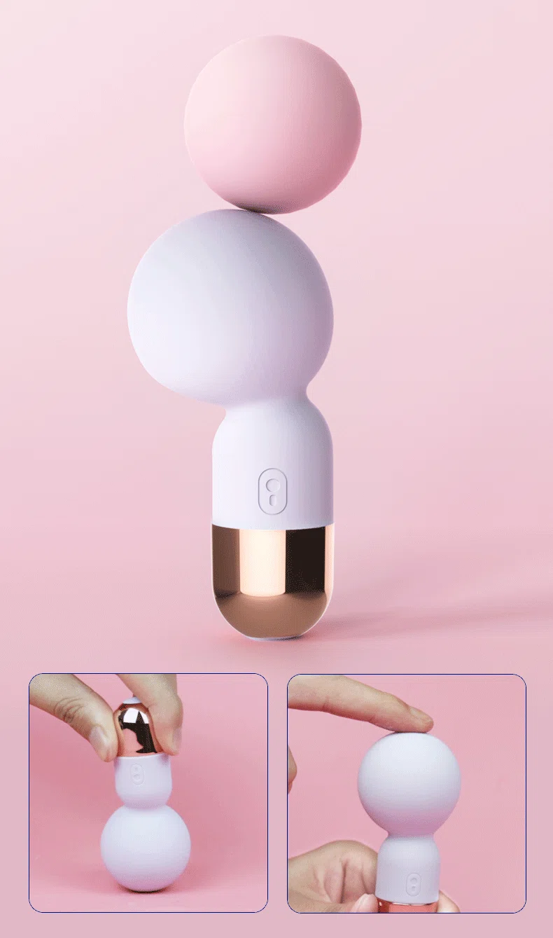 Detail shots of the HH Candy pleasure wand's flexible neck and rose gold base highlighting the soft-touch texture and premium build quality.
