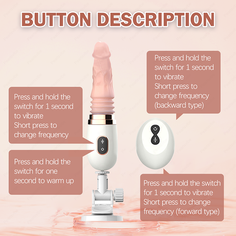 Infographic detailing the button descriptions and remote control functions for the hands-free automatic thrusting machine, highlighting vibration and frequency settings.