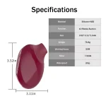 Technical specifications table for the waterproof silicone vibrator, featuring details on the IPX6 rating, 50-minute working time, and ultra-quiet operation under 50dB.