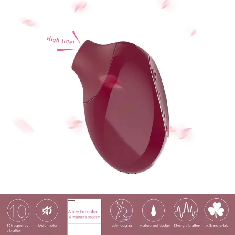 Infographic highlighting key features of a wine red pleasure device including 10 frequency vibrations, waterproof design, and skin-safe ASB materials.