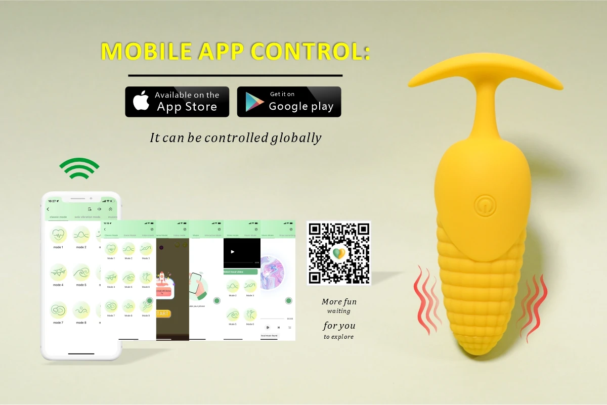 Mobile app interface showing global control features and multiple vibration modes for the corn-shaped pleasure device.