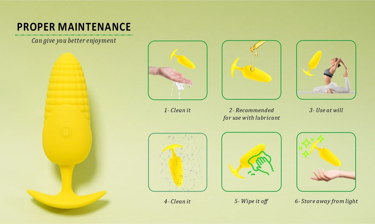 Infographic detailing proper maintenance, cleaning, and storage steps for medical-grade silicone intimacy products.