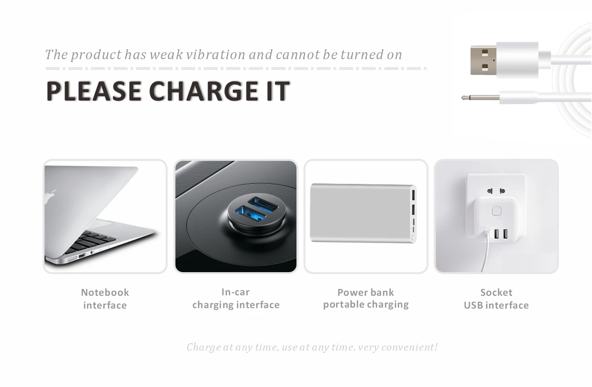 Universal USB charging options for the electronic massager, including laptop, power bank, and car adapter compatibility.