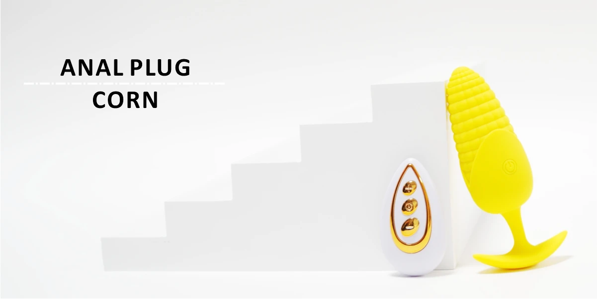 Aesthetic product photography of the yellow corn-shaped stimulator and its sleek remote control on a white geometric display.