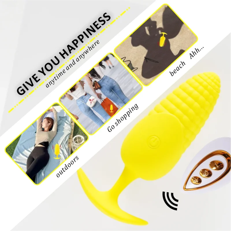 Versatile yellow pleasure device shown in various lifestyle settings including outdoor and travel scenarios.