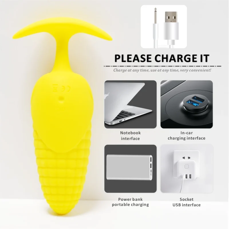Infographic displaying the versatile USB charging options for the corn-shaped pleasure device, including compatibility with laptops, car interfaces, power banks, and wall sockets for convenient travel use.