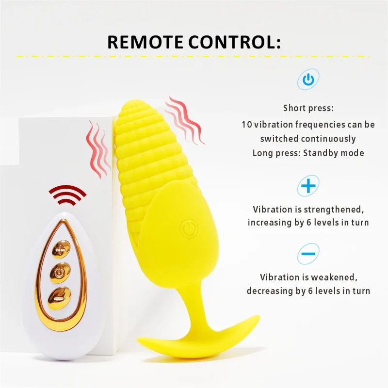 A detailed guide to the remote control functionality of the yellow silicone vibrator, highlighting the 10 distinct vibration frequencies and adjustable intensity levels for a customized intimacy experience.