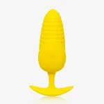 Symmetrical front view of a yellow corn-themed anal plug featuring a wide safety base and power button.