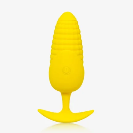 Symmetrical front view of a yellow corn-themed anal plug featuring a wide safety base and power button.
