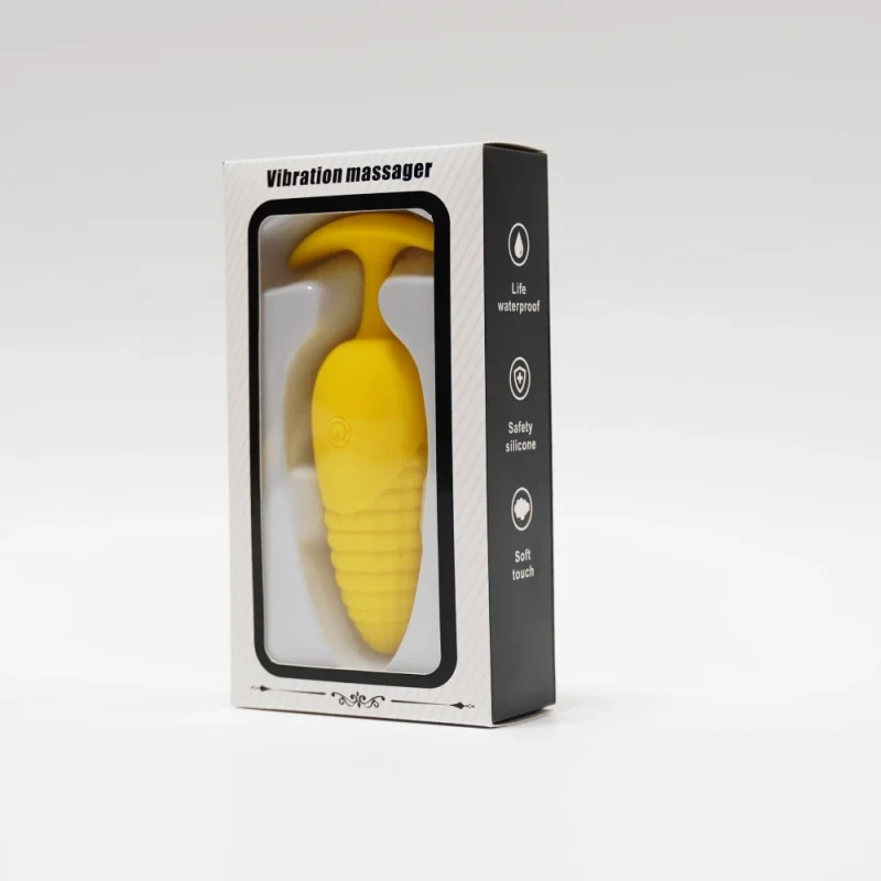 Discreet product packaging for a vibration massager highlighting features like safety silicone and waterproof rating.