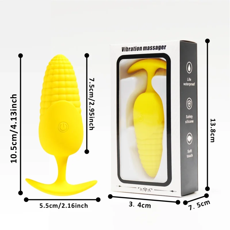 Product dimension chart showing the 10.5cm length and 5.5cm base width of the corn-shaped intimacy tool.