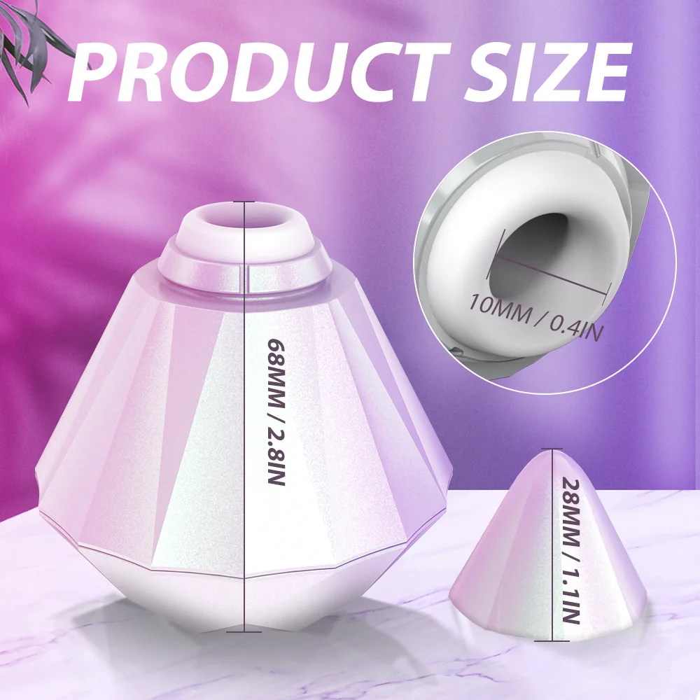 Technical infographic showing the 68mm height and 10mm suction nozzle diameter of the Crystal Kiss intimacy tool.