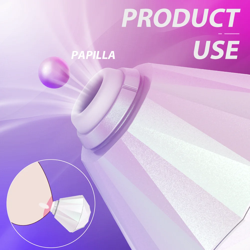 Close-up diagram of the soft silicone nozzle designed for targeted papilla and clitoral air-pulse stimulation.