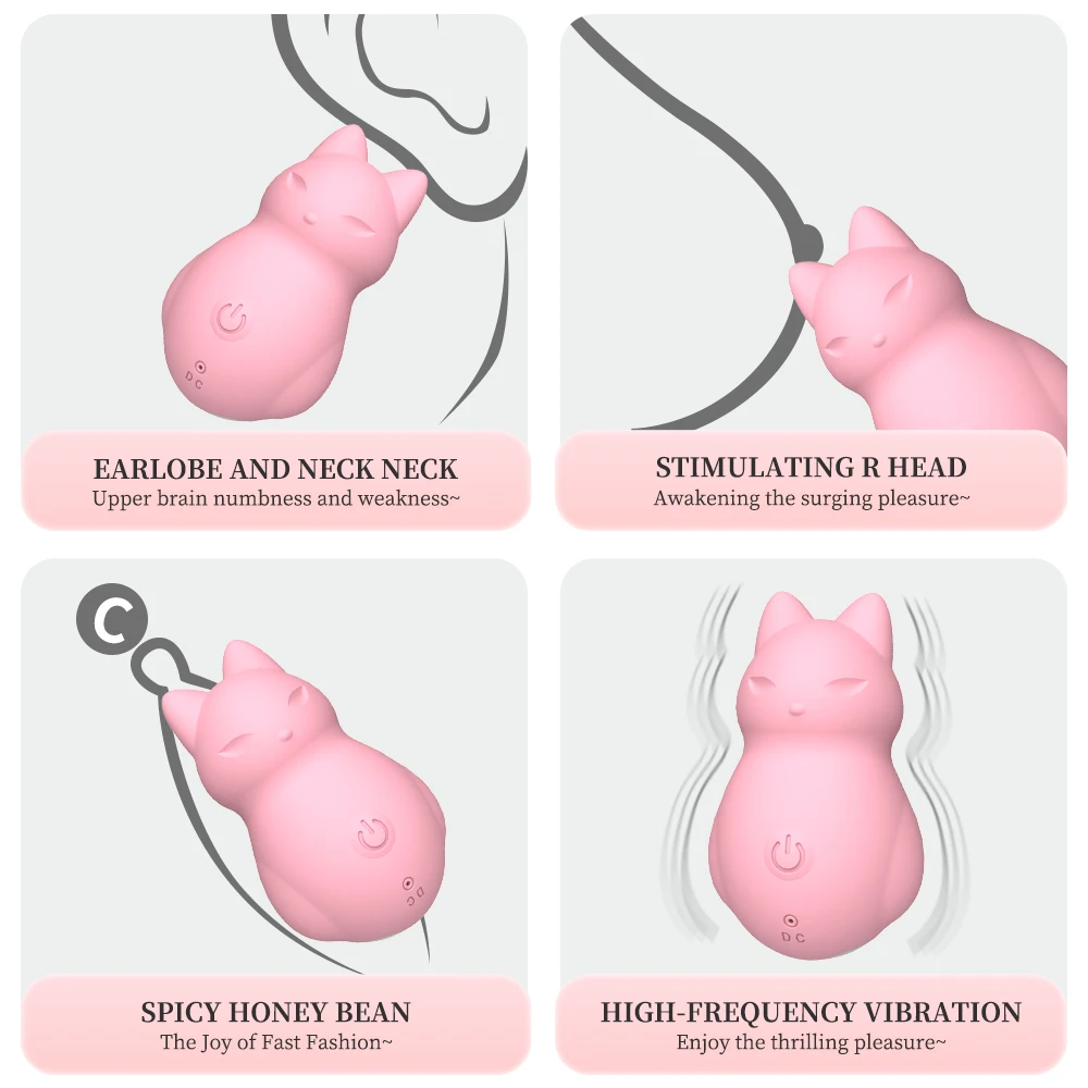 Infographic demonstrating various use cases for the fox-shaped stimulator, including neck massage, breast stimulation, and clitoral "honey bean" pleasure.