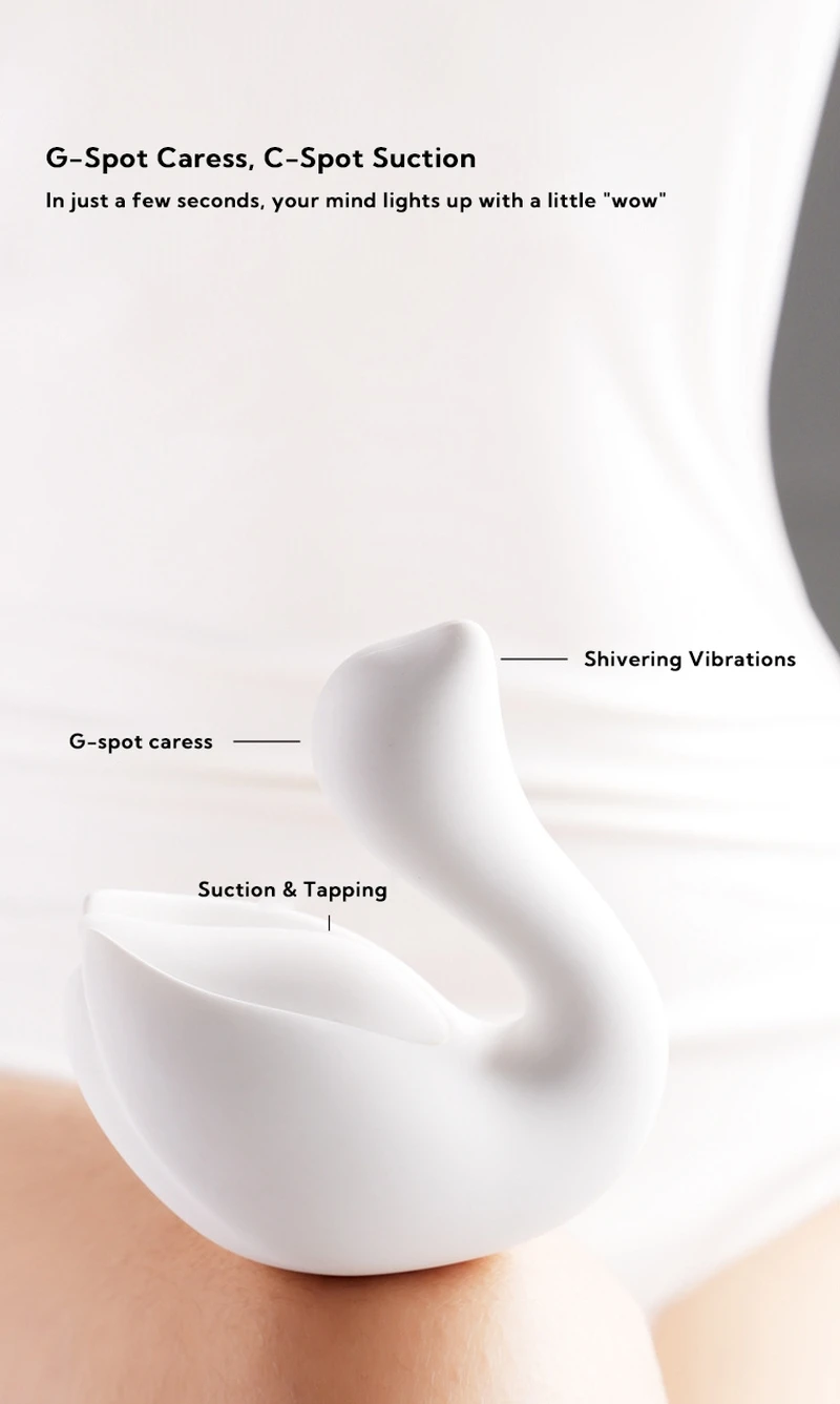 Anatomical diagram illustrating G-spot caress, C-spot suction, and shivering vibration functions of the Cygnus massage wand.