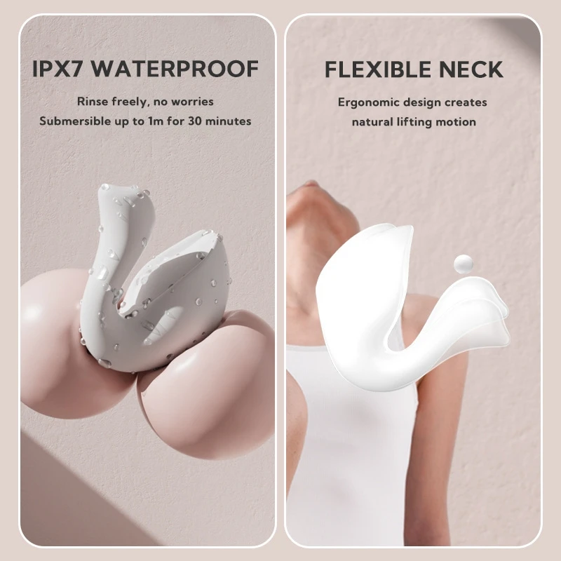 Features infographic showing the IPX7 waterproof rating for bath use and the flexible neck design for a natural lifting motion.