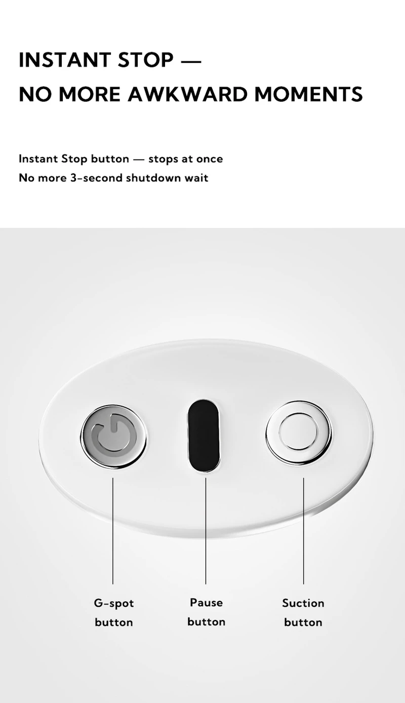 Detail of the single-hand control interface featuring G-spot, pause, and suction buttons for an instant-stop experience.