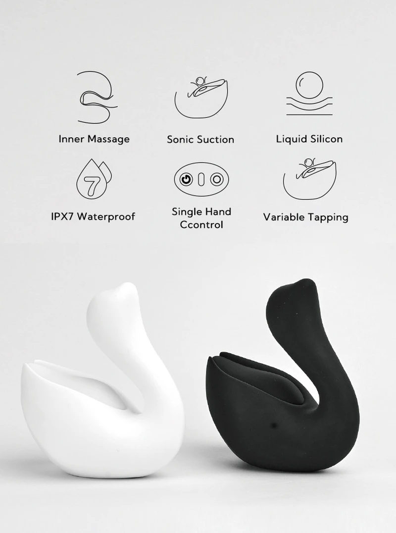 Infographic highlighting key features including IPX7 waterproof rating, sonic suction, and variable tapping modes.