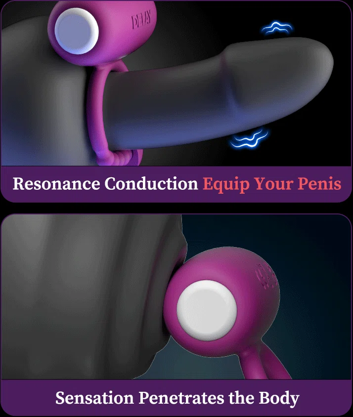 Functional infographic explaining the dual benefits of resonance conduction for the wearer and external sensation for the partner.