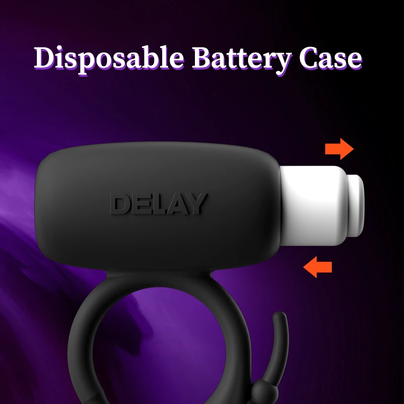 Detail shot of the disposable battery case and intuitive power toggle on the textured black delay ring for easy one-handed operation.