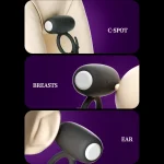 Multi-use diagram highlighting the versatility of the vibrating massager for clitoral stimulation, breast play, and other sensitive erogenous zones.