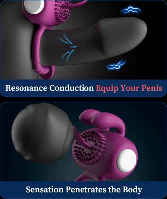 Diagram illustrating resonance conduction technology in a purple rabbit-style constriction ring for enhanced shared sensation.