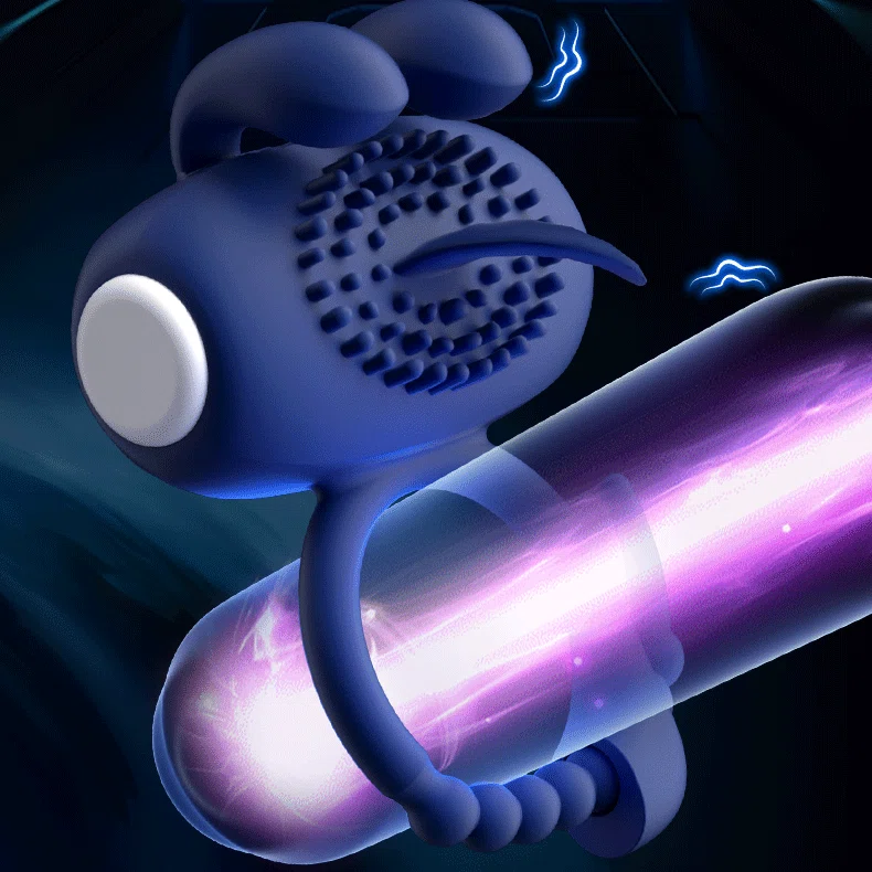 Professional studio shot of a navy blue vibrating support ring featuring a soft-touch exterior and a precision stimulation tip.