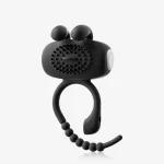 High-angle view of a discreet black silicone intimacy tool, highlighting the easy-to-reach power button and the flexible, beaded tail for secure positioning.