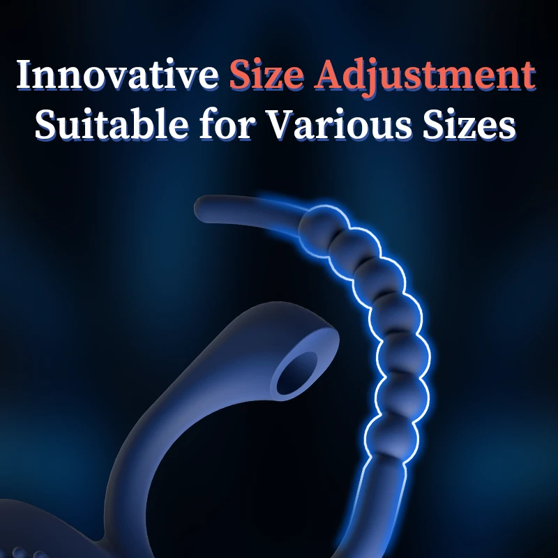 Innovative size adjustment mechanism detail showing the flexible beaded tail of an HH brand stamina-enhancing ring.