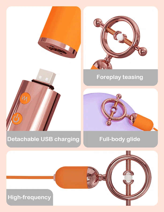 Feature summary highlighting the detachable USB charging port, high-frequency motor, and smooth full-body glide texture.