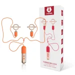 Lock premium retail packaging alongside the orange dual-vibrating intimacy device with rose gold accents.