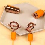 Close-up of HH double screw vibrating nipple clamps and USB rechargeable controller displayed on a modern hexagonal tray.