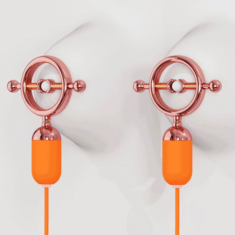 3D product demonstration showing the ergonomic fit of rose gold screw-on clamps with integrated vibrating stimulators.