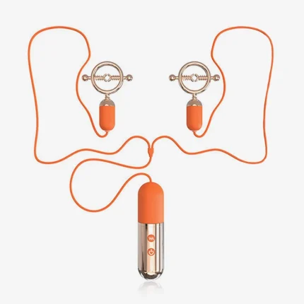 Full product layout of the HH dual-point vibrating massager with orange corded connectivity and a multi-mode power controller.