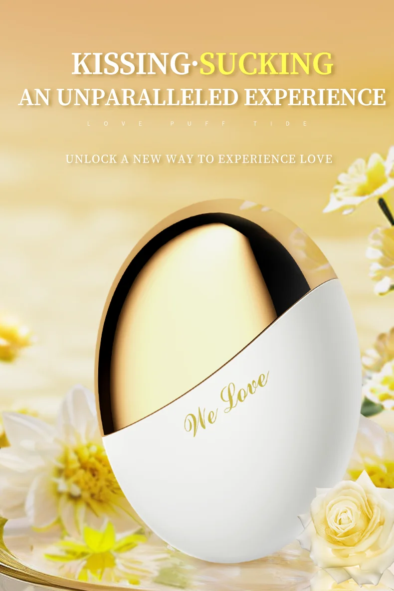 HH Empress clitoral stimulator in a luxury gold and white egg-shaped design featuring "We Love" branding for a discreet aesthetic.
