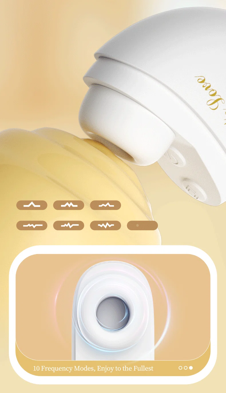 Close-up infographic of the Empress pleasure device showing 10 frequency modes for customizable clitoral suction and pulsation.