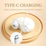 Close-up of the USB Type-C charging port and silicone dust cover on a compact, travel-friendly white intimacy device.