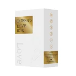 Discreet packaging for the Queen's Love Box, featuring professional safety icons and a minimalist white and gold luxury gift box design.