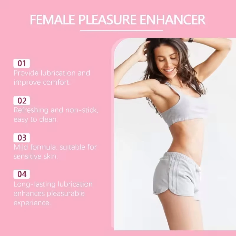 Feature list for the female pleasure enhancer highlighting its non-stick texture, mild formula, and long-lasting lubrication for improved comfort.