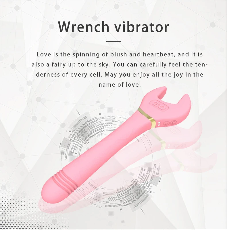 Promotional infographic for a wrench-shaped clitoral vibrator emphasizing the concept of romantic tenderness and sensory joy.