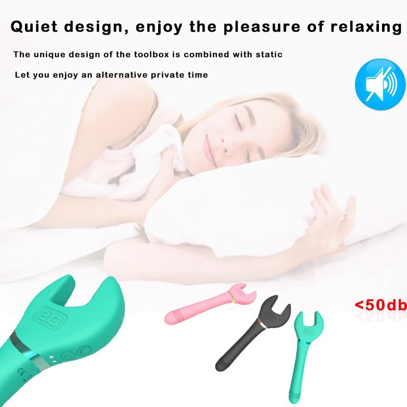 Lifestyle graphic highlighting the whisper-quiet operation of the HH-FlexWrench pleasure tool, rated at under 50 decibels for discreet use.
