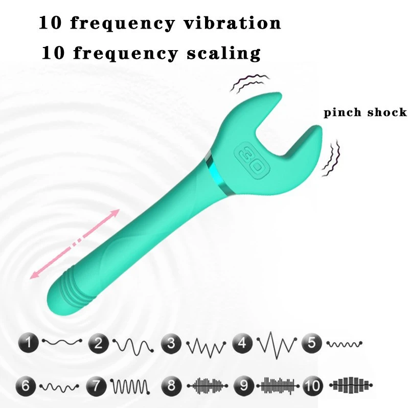 Performance chart detailing the 10 frequency vibration modes and 10-speed scaling functions of the HH-FlexWrench rechargeable stimulator.
