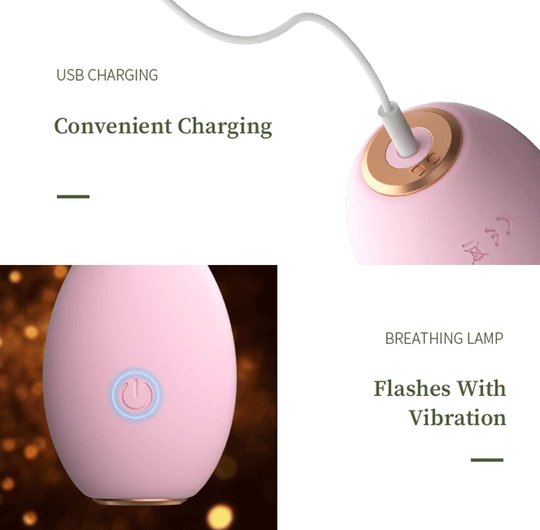 Close-up of the USB charging port and the "Breathing Lamp" feature on a pink silicone vibrator, illustrating the convenient charging and vibration indicator.