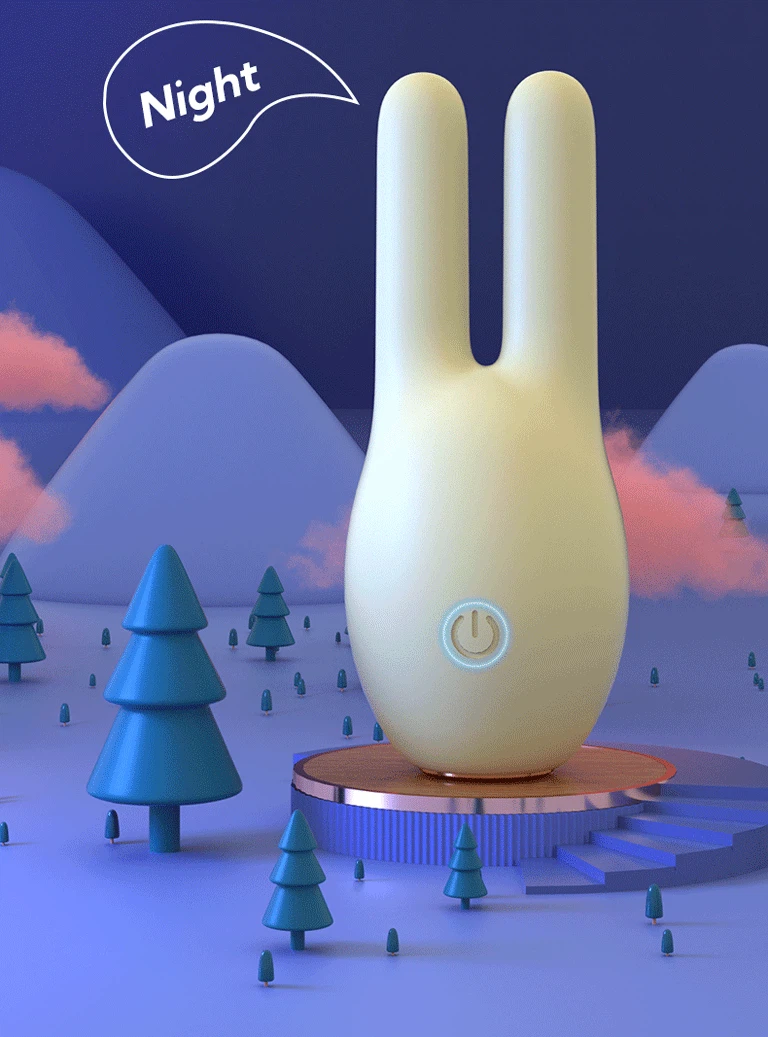 The yellow rabbit-style clitoral vibrator featuring a luminous LED power button, designed for easy visibility during nighttime or low-light bedside use.